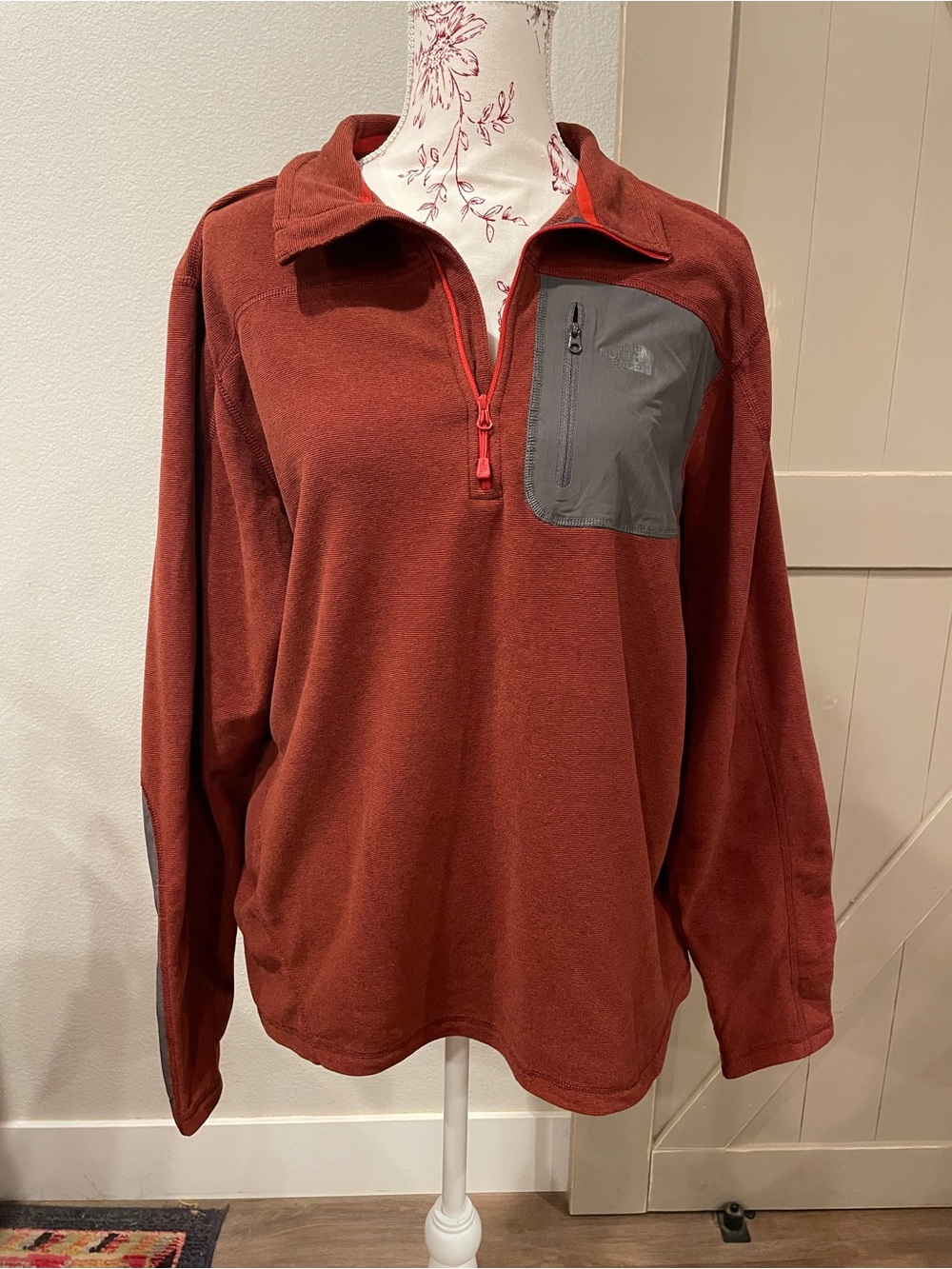 The North Face Men's Zip Pullover in Rust with Gray Chest Pocket